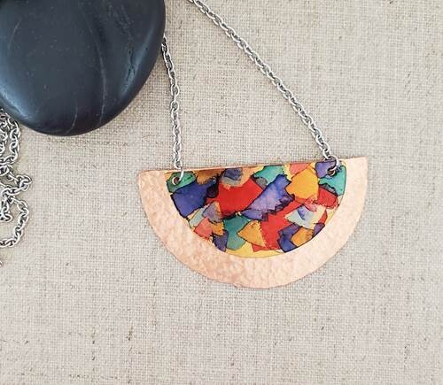 Alcohol Ink Long Half Moon Layered Necklace - Reds