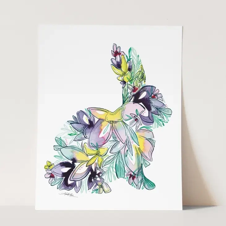RABBIT Watercolor Floral Wall Art Print - 5&quot; x 7&quot;