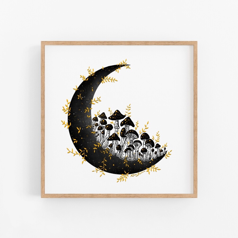 Golden Mushroom Moon Art Print - 8&quot; x 8&quot;