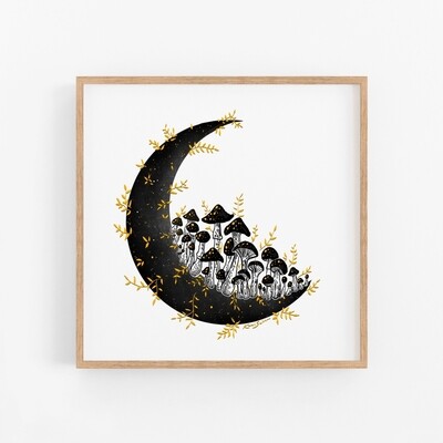 Golden Mushroom Moon Art Print - 8&quot; x 8&quot;