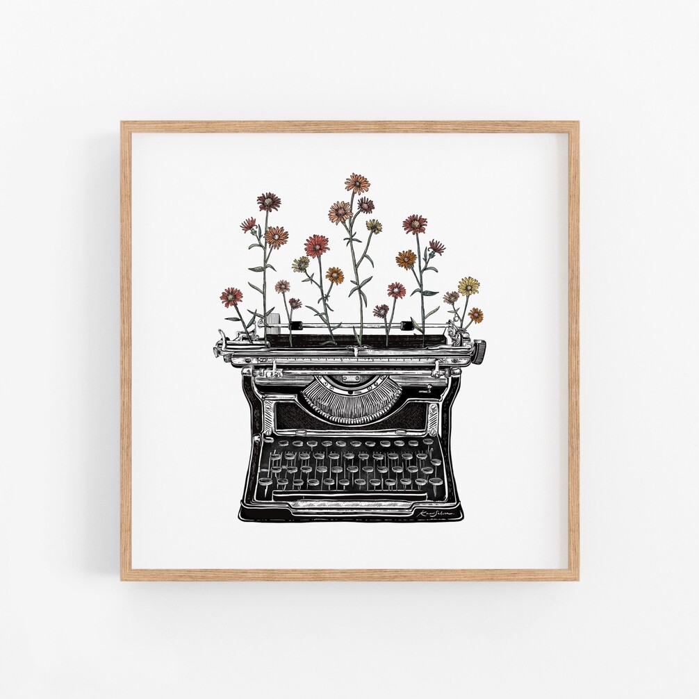 Floral Typewriter II Art Print - 8&quot; x 8&quot;