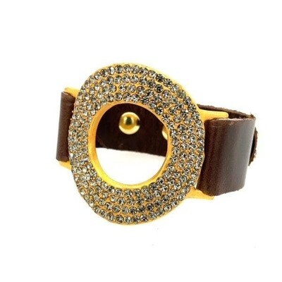 Donut Leather Bracelet in Gold Finish - Vintage Brown w Black Diamond