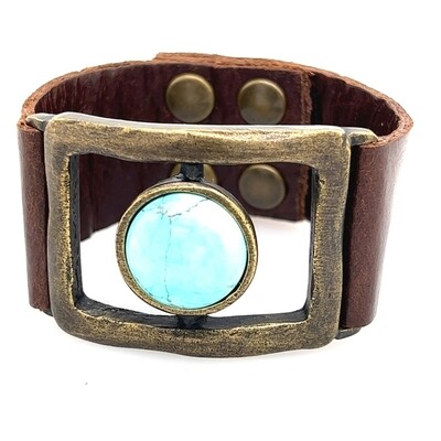 Open Rectangle w Round Cabochon Leather Bracelet - Vintage Brown w Lt Turq