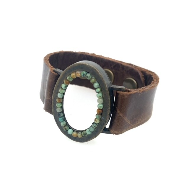 Beaded Open Oval Leather Bracelet - Vintage Brown w African turq