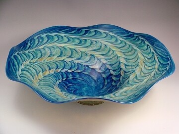 Large Fluted Bowl Blue, Ruby, Gold Brown 17&quot; dia. 