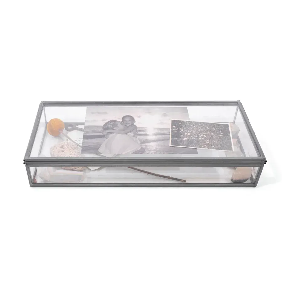 Skinny Rectangle Glass and Zinc Memory Box - 12&quot; x 5&quot; x 2&quot;