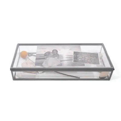 Skinny Rectangle Glass and Zinc Memory Box - 12&quot; x 5&quot; x 2&quot;