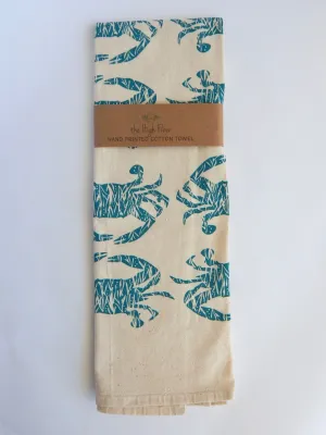 Crab Handprinted Tea Towel, Blue Crab - Teal Blue on Natural Crab Handprinted Tea Towel, Blue Crab - Teal Blue on Natural