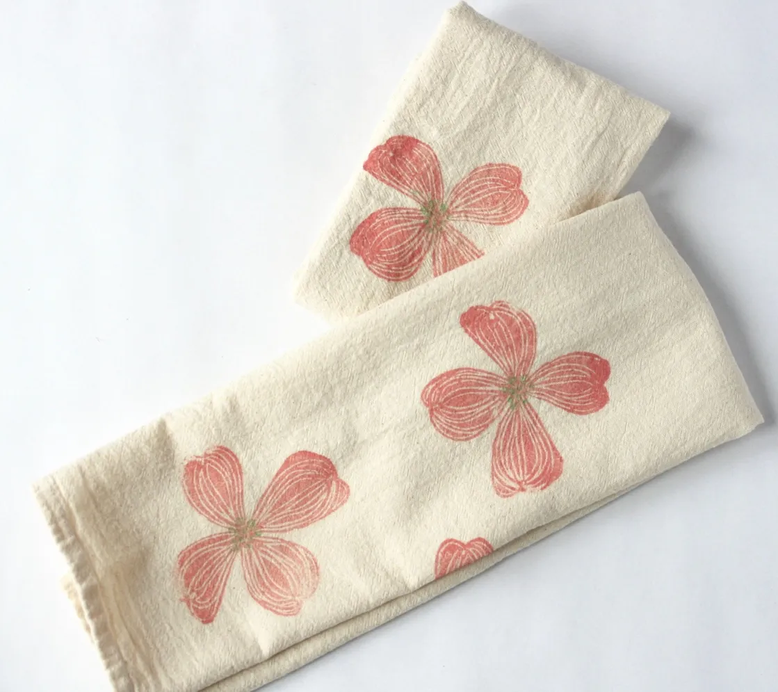 Dogwood Floral Tea Towel, Handprinted Towel Dogwood Floral Tea Towel, Handprinted Towel