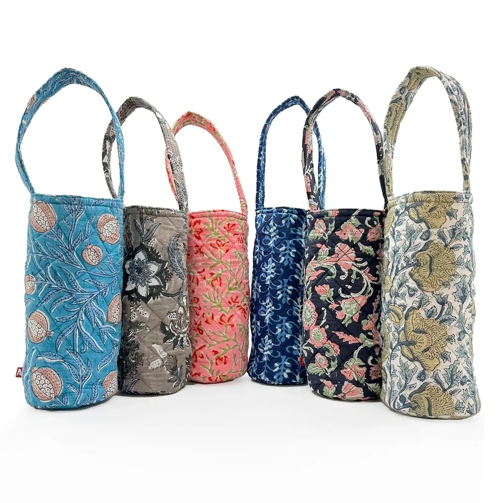 Block Printed Cotton Quilted Wine Bags Asst&#39;d Colors
