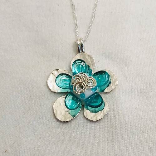 Teal Lampwork Glass/Sterling Silver Flower Teal Lampwork Glass/Sterling Silver Flower