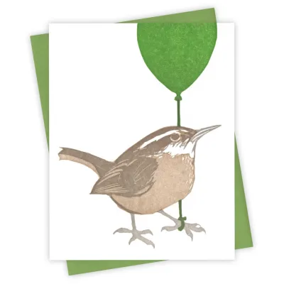 Green Balloon Wren Card