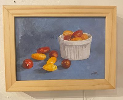 Grape Tomatoes on Blue 5x7 Oil Canvas