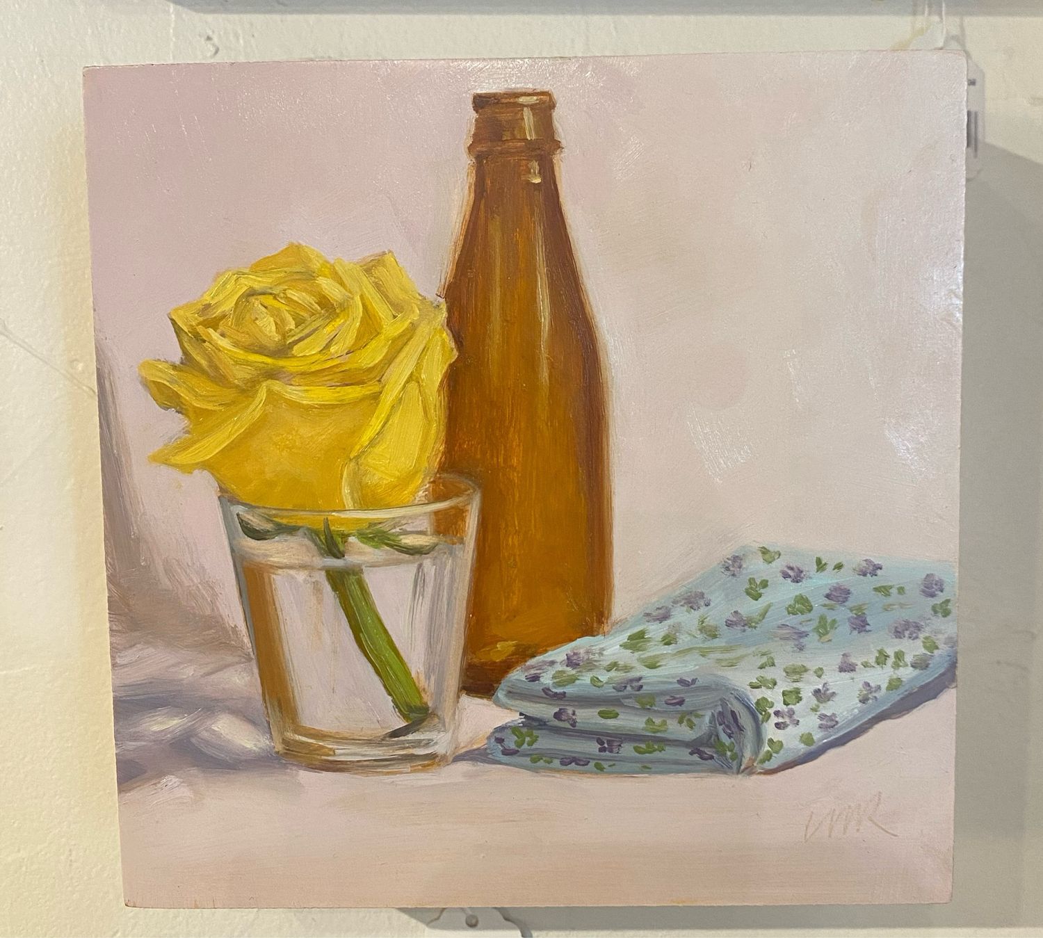 Rose W/Bottle 6x6 Oil On Wood Panel