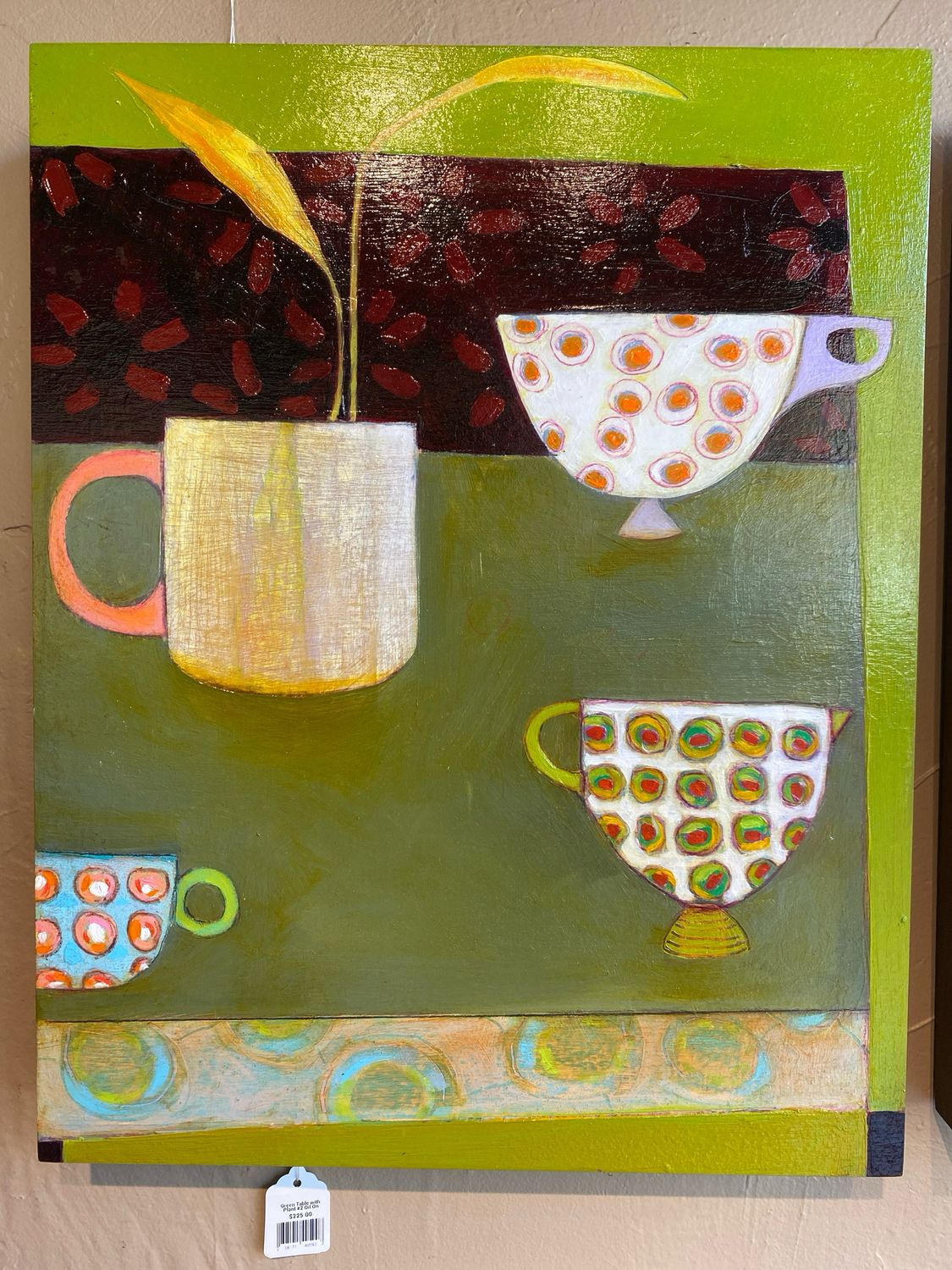 Green Table with Plant #2 Oil On Wood Panel