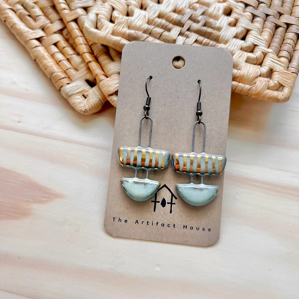 Two Piece Turquoise Striped Ceramic Clay Earrings