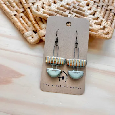 Two Piece Turquoise Striped Ceramic Clay Earrings