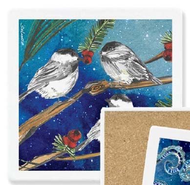 Chickadees on Pine Boughs Stone Coasters w/Cork Backing Chickadees on Pine Boughs Stone Coasters w/Cork Backing