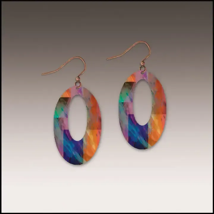 ME1FOE Orange Mosaic Abstract Open Oval Handmade Earrings ME1FOE Orange Mosaic Abstract Open Oval Handmade Earrings