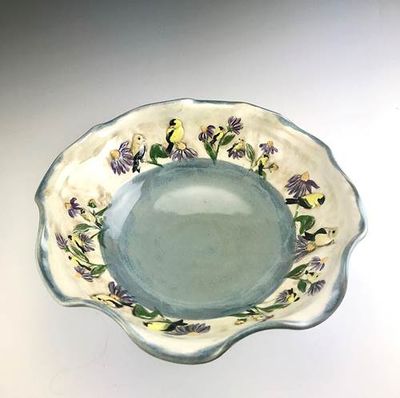 Goldfinches bowl Blue glaze xsm