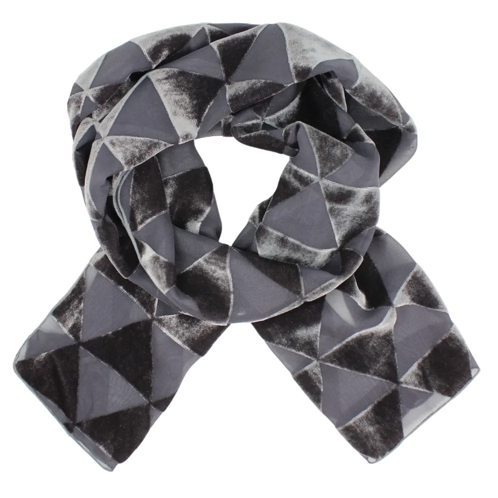 Burnout Velvet Scarf - Grey Triangles
