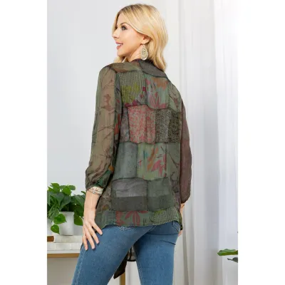 Western Kimono Shrug In Overdyed Mix N Match Patches - Basil Medium