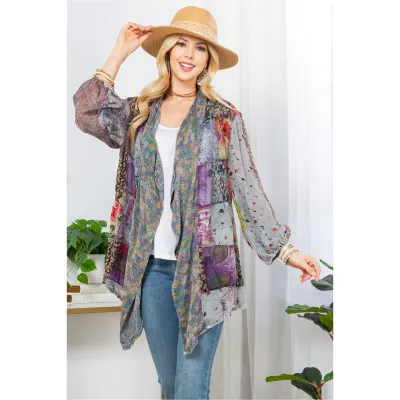 Western Kimono Shrug In Overdyed Mix N Match Patches - Grey XL