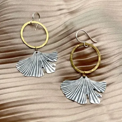 Handmade Ginkgo Earrings - Gold over Silver