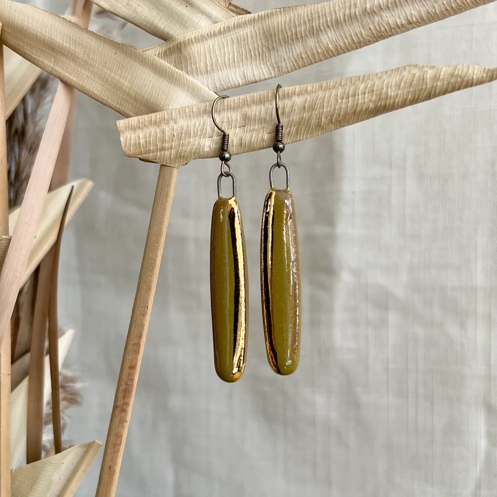 Minimal Gold Edged Olive Ceramic Earrings