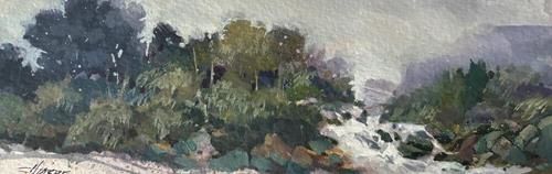 Airy Retreat Gouache On Paper 3x9 matted 9x15