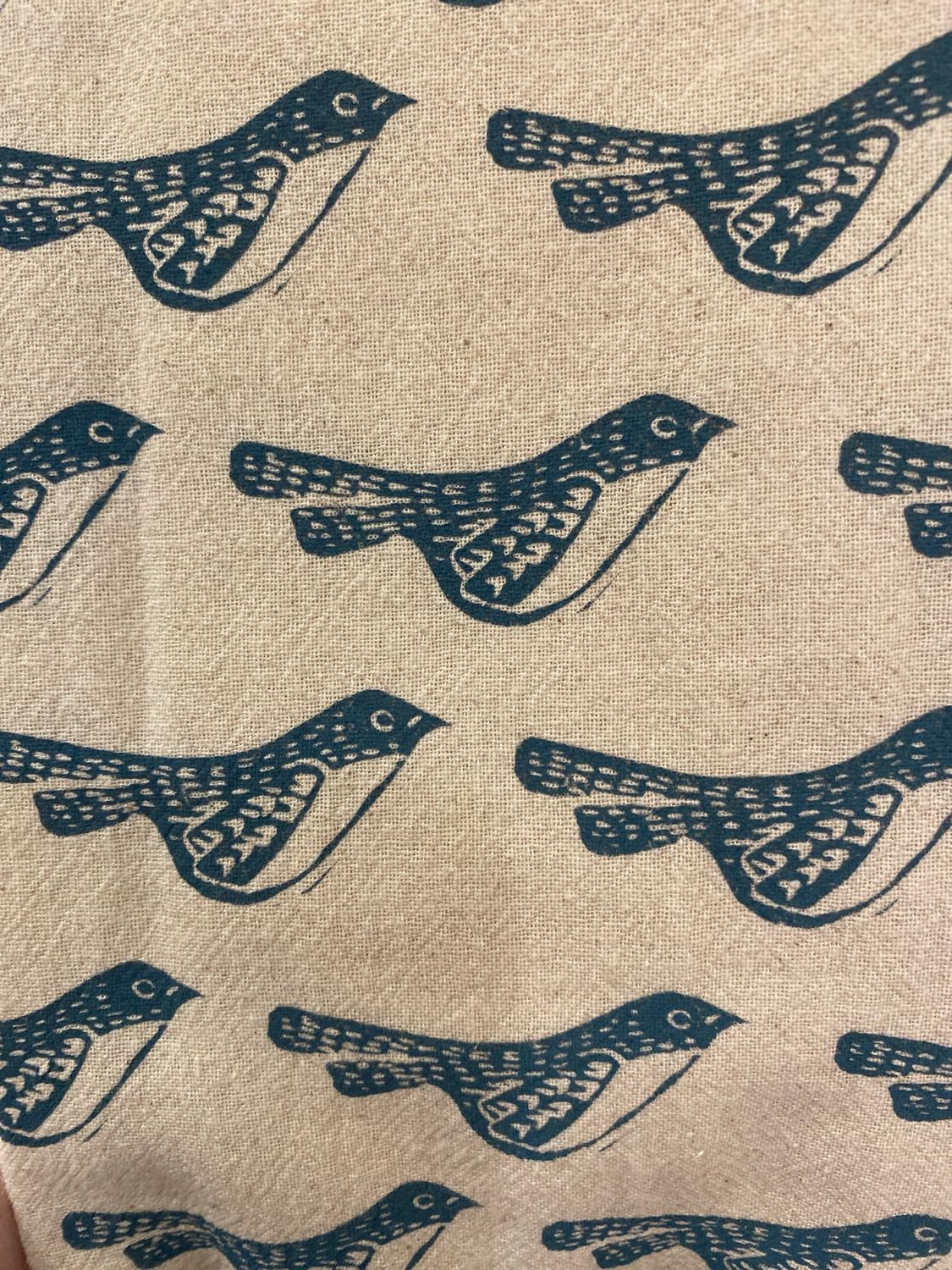 Bird Handprinted Tea Towel - Blue on Natural