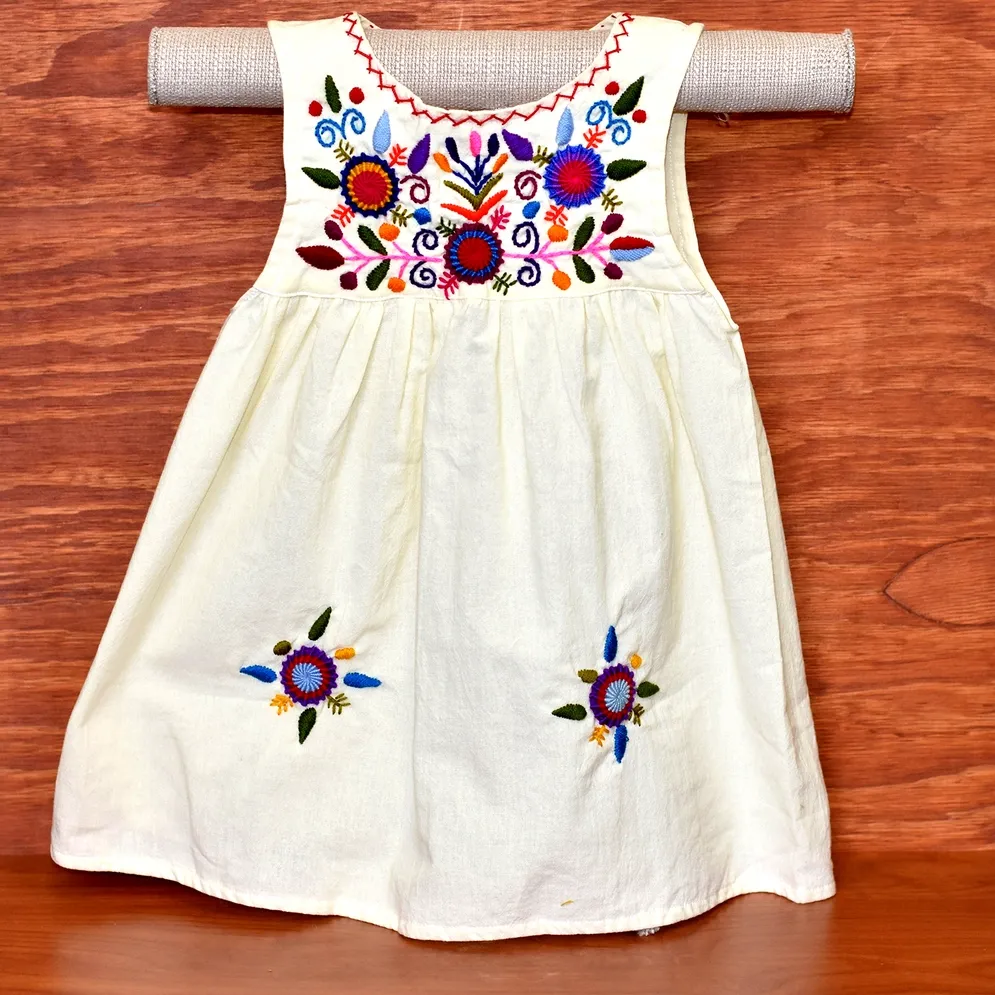 Cream Girl's Embroidered Sleeveless Dress - 1 Cream Girl's Embroidered Sleeveless Dress - 1