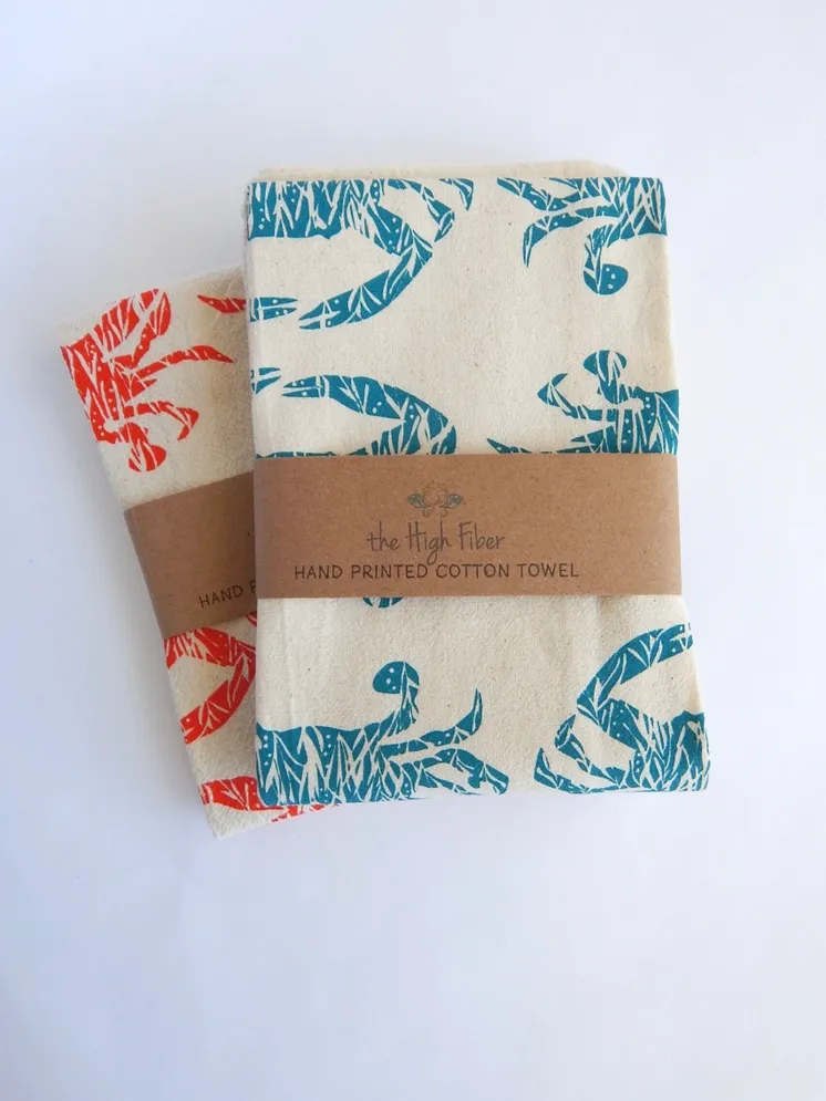 Crab Handprinted Tea Towel, Blue Crab - Scarelet Red on Natural Crab Handprinted Tea Towel, Blue Crab - Scarelet Red on Natural