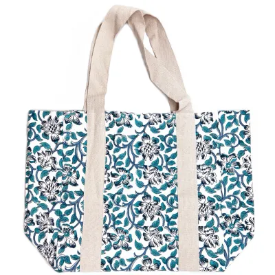 Block Printed Canvas Bag - Blue Thistle