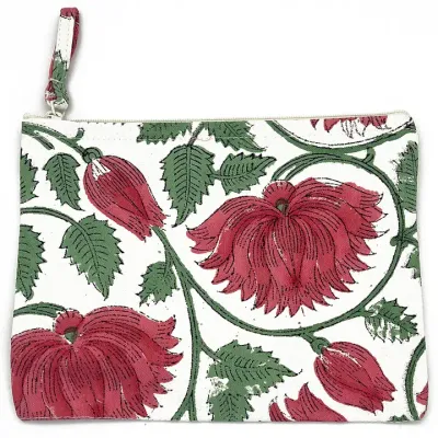 Block-Printed Canvas Pouch - Strawberry Dahlia