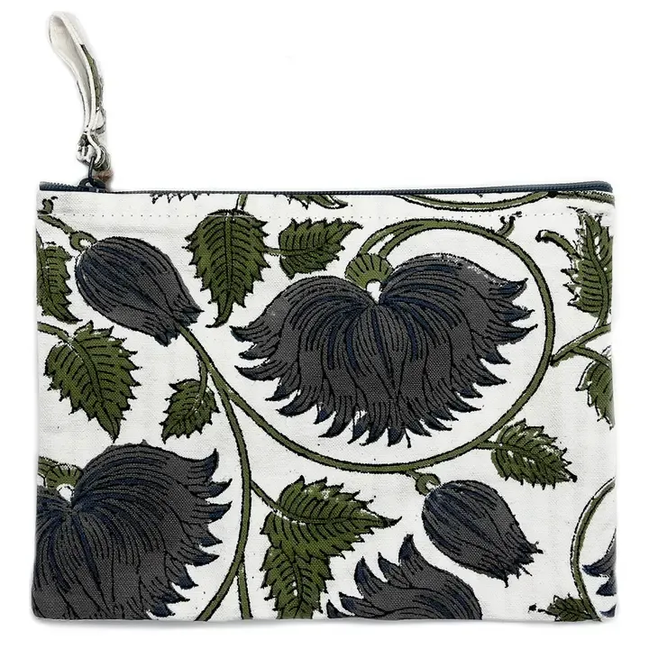 Block Printed Canvas Pouch - Blue Mist