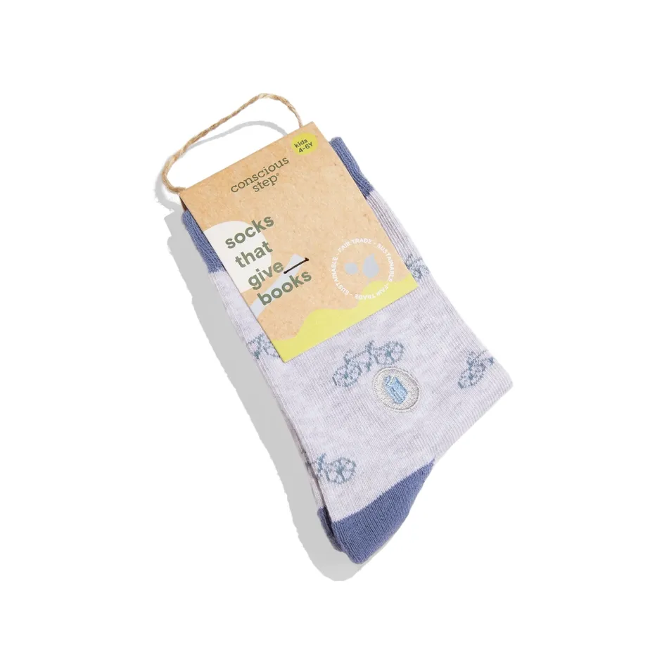 Kids Socks that Give Books (Gray Bicycles) - Youth
