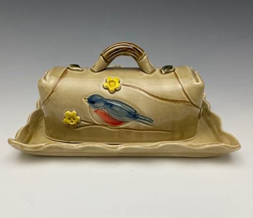 Bluebird Covered Butter Dish Old Gold
