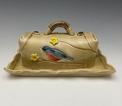 Bluebird Covered Butter Dish Old Gold