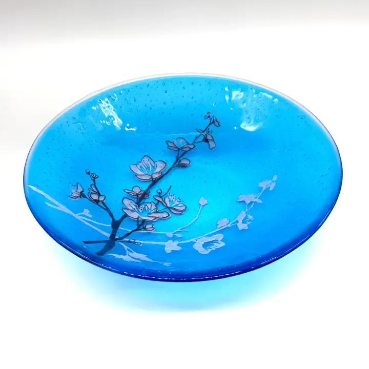 Cherry Blossom Fused Glass Large 13&quot; Serving Bowl - Turquoise