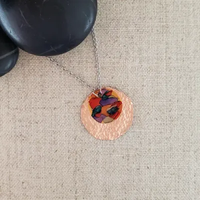 Alcohol Ink Short Small Circle Layered Necklace - Reds