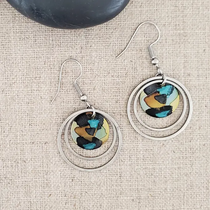 Alcohol Ink Stainless Steel Double Hoop Circle Earrings - Black