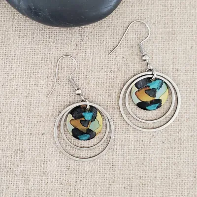Alcohol Ink Stainless Steel Double Hoop Circle Earrings - Black