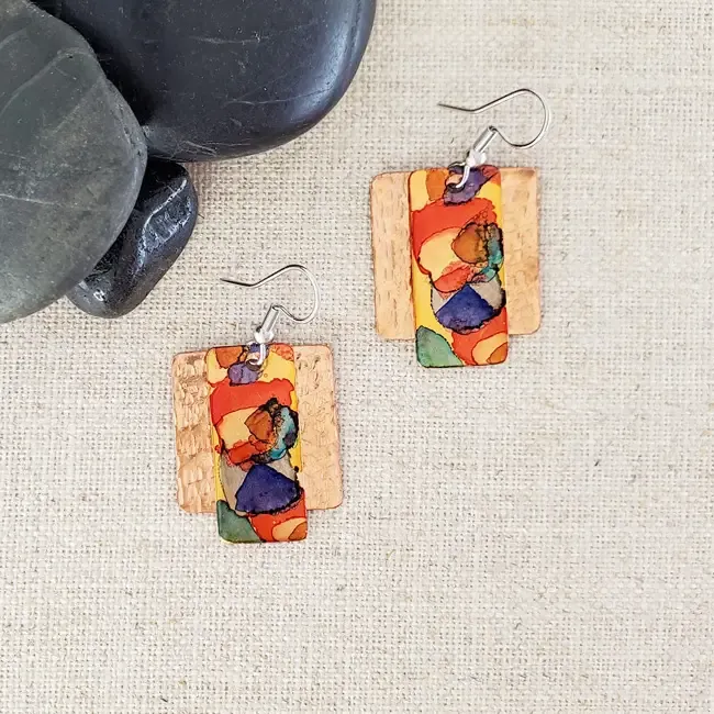 Alcohol Ink Square Small Layer Earrings - Reds