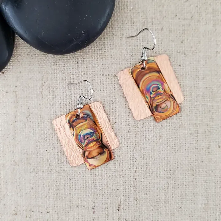 Flame Paint Copper Short Rectangle Layered Earrings