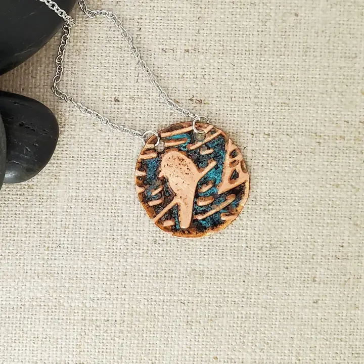 Natural Patina Emboss Small Circle Copper Bird Necklace