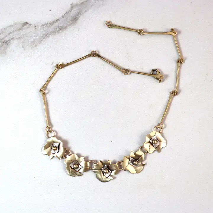 N3877 Garden Party 5 Flowers Necklace Sterling and Brass