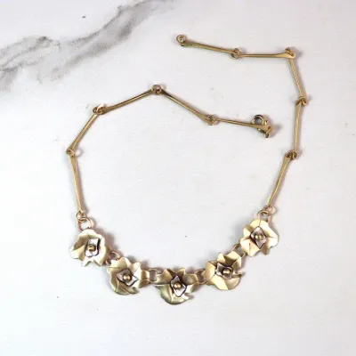 N3877 Garden Party 5 Flowers Necklace Sterling and Brass