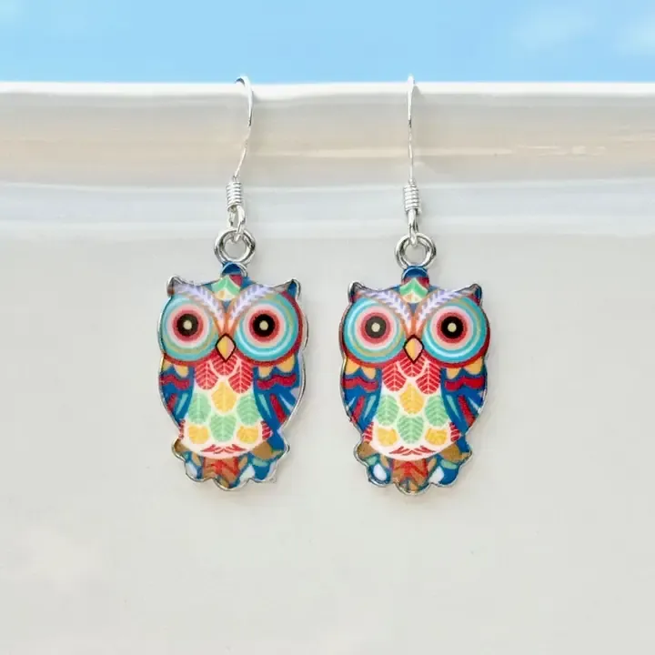 Metal Enameled Owl Blue Earrings Metal Enameled Owl Blue Earrings