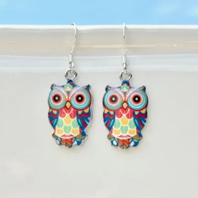 Metal Enameled Owl Blue Earrings Metal Enameled Owl Blue Earrings
